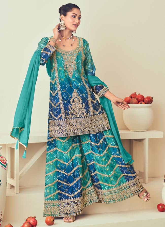 Chinnon Sky Blue Wedding Wear Embroidery Work Readymade Plazzo Suit